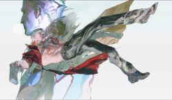  2boys abs black_boots black_pantyhose boots brothers chest_strap commentary_request dante_(devil_may_cry) devil_may_cry_(series) devil_may_cry_3 dual_wielding floating full_body grey_hair gun hair_between_eyes handgun highres holding holding_gun holding_weapon jacket male_focus midriff multiple_boys open_clothes open_jacket pantyhose red_jacket short_hair siblings upper_body vergil_(devil_may_cry) weapon xia_yu 