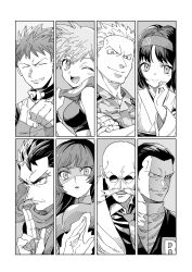  3girls 5boys bald bare_shoulders blaine_(pokemon) blush breasts brock_(pokemon) camouflage camouflage_shirt closed_eyes commentary crop_top crossed_arms erika_(pokemon) facial_hair facing_viewer giovanni_(pokemon) greyscale hair_slicked_back hairband highres japanese_clothes kimono koga_(pokemon) kuji-in looking_at_viewer medium_breasts misty_(pokemon) monochrome multiple_boys multiple_girls mustache necktie ninja one_eye_closed open_mouth pokemon pokemon_frlg sabrina_(pokemon) scarf sharumon shirt short_hair smile spiky_hair sunglasses surge_(pokemon) team_rocket team_rocket_uniform upper_body wing_collar 