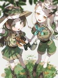  2girls absurdres atari_(eurf8445) belt binoculars black_belt blonde_hair blue_neckerchief blurry blurry_foreground blush boots brown_belt brown_boots brown_eyes brown_hair brown_hat brown_shirt collared_shirt colored_eyelashes commentary_request depth_of_field flask foreshortening full_body gakuen_idolmaster green_shorts green_skirt green_socks hair_ornament hairclip hand_up hat highres holding_hands idolmaster kuramoto_china lace-up_boots laurels leaf leaf_hair_ornament long_hair looking_at_viewer miniskirt multiple_girls neckerchief open_mouth orange_eyes orange_neckerchief parallel_hairclips pleated_skirt salute shinosawa_hiro shirt short_sleeves shorts skirt socks standing sweat swept_bangs white_background 