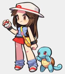 1girl ankle_socks badge bag blue_shirt blush bobby_socks bracelet brown_eyes brown_hair commentary_request green_(pokemon) hat ibara. jewelry leaf_(pokemon) long_hair long_sidelocks loose_socks poke_ball poke_ball_(basic) pokemon pokemon_(creature) pokemon_frlg red_eyes red_skirt satchel shell shirt shoes sidelocks simple_background skirt sleeveless smile socks solo squirtle sun_hat tail thick_thighs thighs turtle white_background white_hat white_shoes