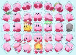  25_perspective_box_exercise :d :o batamon beam_kirby blue_background blue_eyes blush_stickers character_request check_character closed_mouth colored_skin copy_ability fighter_kirby fire_kirby frown highres kirby kirby's_dream_land kirby_(series) no_humans odd_one_out open_mouth pink_skin plasma_kirby simple_background smile stone_kirby suyasuyabi sword_kirby twitter_username v-shaped_eyebrows wing_kirby 