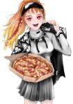  1girl absurdres black_coat black_skirt blonde_hair blush bright_pupils coat cowboy_shot food fruit gradient_hair grey_shirt ham hawaiian_pizza highres holding holding_food holding_pizza long_sleeves looking_at_viewer moffumoto multicolored_hair open_mouth original pineapple pizza pizza_box pleated_skirt red_eyes redhead shirt simple_background skirt smile solo white_background white_pupils yellow_nails 
