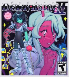  1girl 1other animal_ears animated animated_gif antlers blue_skin buck_teeth colored_skin commentary content_rating cover deer_antlers deer_ears deer_girl deltarune english_commentary fake_cover ferris_wheel glaring goomyloid holding holding_sword holding_weapon horns kris_(dark_world)_(deltarune) kris_(deltarune) no_pupils noelle_holiday noelle_holiday_(dark_world) own_hands_together rapier red_eyes reindeer_girl scarf striped_clothes striped_scarf sword teeth utdr_(toby_fox) weapon weird_route_(deltarune) 