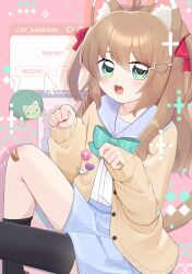  1girl absurdres ahoge animal_ears asymmetrical_legwear badge bandaid bandaid_on_knee bandaid_on_leg black_socks black_thighhighs blue_sailor_collar blue_skirt bow bowtie brown_hair button_badge cardigan cat_day cat_ears cat_girl cat_tail commentary_request cursor fangs feet_out_of_frame from_side green_bow green_bowtie green_eyes hair_between_eyes hair_ornament hair_ribbon hashtag-only_commentary heart heart_hair_ornament highres long_hair long_sleeves looking_at_viewer miniskirt neuro-sama noyuuu28 open_cardigan open_clothes open_mouth red_ribbon ribbon sailor_collar shirt single_sock single_thighhigh skirt socks tail thigh-highs turtle two_side_up uneven_legwear vedal987 vedal_ai white_shirt yellow_cardigan 