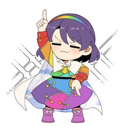  1girl :3 blush boots bow cape chibi chibi_only closed_eyes closed_mouth cloud_print commentary_request dress facing_viewer footwear_bow full_body hairband highres kapuri_(capuriwa) long_sleeves medium_hair multicolored_dress multicolored_hairband pink_boots pointing pointing_down pointing_up purple_hair rainbow_gradient rainbow_hairband sky_print solo sparkle tenkyuu_chimata tenkyuu_chimata_pose touhou two-sided_cape two-sided_fabric white_bow white_cape 