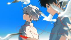  2boys bird black_hair blue_eyes blue_sky blurry collared_shirt dove earphones grey_hair hashtag-only_commentary highres ikari_shinji kashima_(bianjing_baopo) male_focus multiple_boys nagisa_kaworu neon_genesis_evangelion outdoors red_eyes school_uniform shirt sky tokyo-3_middle_school_uniform upper_body walkman white_shirt 