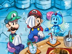  1girl 2boys black_eyes blue_dress blue_overalls boots brothers brown_boots brown_hair buttons circlet coaster cup dress drinking_glass drinking_straw facial_hair food gem gloves glowing green_hat green_shirt hand_on_own_knee hand_towel hat highres holding holding_towel holding_wand ice ice_cube in-universe_location jojora long_sleeves looking_at_another looking_to_the_side luigi mario mario_&amp;_luigi:_superstar_saga mario_&amp;_luigi_rpg multiple_boys mustache newsboy_cap open_mouth ottoman_(furniture) overalls red_gem red_hat red_shirt shirt short_hair siblings sitting smile snowflakes standing super_mario_bros. table towel wand white_gloves yamari_(ya_mari_6363) 