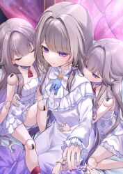  4girls absurdres applying_manicure blue_collar bow bowtie collar collarbone commentary_request doll_joints dress frilled_dress frills gradient_clothes gradient_dress grey_hair hair_ribbon herta_(honkai:_star_rail) herta_(puppet)_(honkai:_star_rail) highres honkai:_star_rail honkai_(series) joints long_hair long_sleeves multiple_girls nail_polish nemu_o3o painting_fingernails purple_dress purple_nails purple_ribbon ribbon sleeveless sleeveless_dress sundress the_herta_(honkai:_star_rail) very_long_hair violet_eyes white_bow white_bowtie white_dress 