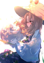  1girl absurdres adjusting_clothes adjusting_headwear animal_print armor blonde_hair brown_eyes brown_hat closed_mouth commentary_request cowboy_shot dappled_sunlight frog_print from_side hair_ribbon hat highres long_skirt long_sleeves looking_ahead medium_hair moriya_suwako npmr0v purple_skirt purple_vest red_ribbon ribbon shirt signature skirt skirt_set solo sunlight touhou upper_body vest white_shirt wide_sleeves 