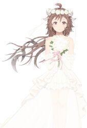  1girl absurdres ahoge alternate_costume animal_ears arknights bouquet bridal_veil bride brown_hair closed_mouth commentary_request dress eirudi elbow_gloves eyjafjalla_(arknights) feet_out_of_frame flower flower_wreath gloves hands_up highres holding holding_bouquet horns long_hair looking_at_viewer pink_eyes pink_ribbon ribbon rose see-through_clothes see-through_skirt sheep_ears sheep_girl sheep_horns simple_background skirt smile solo standing strapless strapless_dress veil wedding_dress white_background white_dress white_flower white_gloves white_rose white_veil 