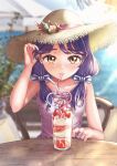  1girl absurdres akajiyuuki blurry blurry_background bow brown_eyes chair character_request check_character crazy_straw dress drinking_straw food fruit hand_up hat highres jewelry long_hair looking_at_viewer precure purple_hair purple_nails reflection ring sleeveless sleeveless_dress solo sparkle straw_hat strawberry strawberry_slice striped striped_bow suzumura_sango tropical-rouge!_precure twintails 