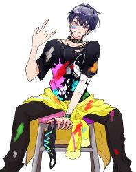  1boy \m/ black_pants black_shirt chair closed_mouth clothes_around_waist commentary_request goggles goggles_on_head highres jacket jacket_around_waist looking_at_viewer male_focus marius_von_hagen_(tears_of_themis) mtkignsn pants purple_hair shirt short_hair simple_background sitting solo tears_of_themis violet_eyes white_background yellow_jacket 