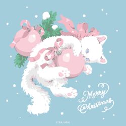  animal animal_focus artist_name ball blue_background blue_eyes cat christmas_ornaments commentary_request english_text fluffy highres holding holding_ball kira_imai looking_at_viewer lying merry_christmas no_humans on_side original persian_cat plant red_ribbon ribbon snow solo white_cat 