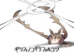  1girl animal_ears bow brown_hair commentary hair_between_eyes hair_bow highres horse_ears horse_tail i_am_shakenoko multiple_hair_bows pink_bow prehensile_hair purple_bow shadow simple_background smart_falcon_(umamusume) solo stag_beetle tail translated twintails umamusume yellow_eyes yukkuri_shiteitte_ne 