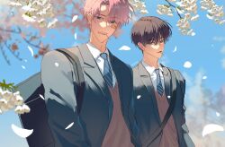  2boys bag bandaid bandaid_on_face black_bag black_hair blazer blue_eyes blue_necktie blue_sky candy commentary crossbody_bag diagonal-striped_clothes diagonal-striped_necktie falling_petals food fukuhara_tamon grey_jacket hair_between_eyes highres jacket lapels lollipop lollipop_in_mouth looking_at_viewer male_focus mole mole_under_eye multiple_boys necktie notched_lapels open_clothes open_jacket outdoors parted_lips petals pink_hair pink_sweater_vest ryepe sakaguchi_ouri short_hair shoulder_bag sky smile striped_clothes sweater_vest tamon-kun_ima_docchi teeth untranslatable_commentary upper_body upper_teeth_only white_petals 