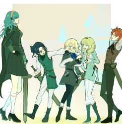  2girls 3boys aged_down alternate_costume annoyed arms_up belt black_belt black_boots black_cape black_dress black_pants black_shoes blonde_hair blue_eyes blue_hair boots border braid breasts brown_eyes brown_vest cape capelet closed_mouth dimitri_alexandre_blaiddyd dress felix_hugo_fraldarius female_byleth_(fire_emblem) fire_emblem fire_emblem:_three_houses full_body fur-trimmed_capelet fur_trim green_hair green_tunic hair_bun hairband hand_on_own_hip heel_up height_difference high_heels highres holding holding_sword holding_weapon ingrid_brandl_galatea kneehighs long_hair long_sleeves looking_at_another medium_breasts multiple_boys multiple_girls neck_ribbon open_mouth orange_hair pants pink_hairband pointing pushing_away pushing_face ribbon shirt shoes short_hair simple_background single_hair_bun socks standing standing_on_one_leg sword sylvain_jose_gautier tunic twin_braids vest weapon white_border white_pants white_shirt white_socks winter_1242 wooden_sword 