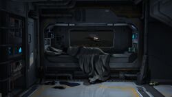  1girl 3d boots brown_hair caldari_state_(eve_online) can carrier clothes_on_floor combat_ship_(eve_online) commentary cruiser_(eve_online) drink_can droneboat_(eve_online) english_commentary eve_online floating glowing gran22 grey_theme gun guristas_pirates_(eve_online) hangar high_heel_boots high_heels highres indoors industrial_pipe military_vehicle moa_(eve_online) on_bed pillow pirate_faction_(eve_online) quafe_(eve_online) realistic science_fiction sleeping solo spacecraft spacecraft_interior under_covers unworn_boots weapon window 