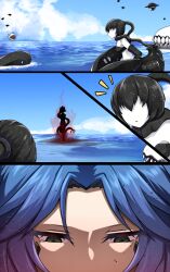  2girls absurdres abyssal_ship aura bikini black_hair blue_hair commentary_request dark_aura dragon_girl dragon_tail faceless faceless_female g_(genesis1556) green_eyes greyscale highres kantai_collection long_hair monochrome monster_girl multiple_girls ocean original pale_skin red_aura ri-class_heavy_cruiser standing standing_on_liquid swimsuit tail water 