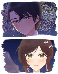  1boy 1girl brown_hair closed_mouth commentary_request fireworks green_eyes highres marius_von_hagen_(tears_of_themis) mtkignsn night outdoors purple_hair rosa_(tears_of_themis) smile tears_of_themis upper_body violet_eyes 