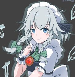  1girl aomurasaki_r apron back_bow blue_eyes blue_ribbon blue_vest bow closed_mouth collared_shirt commentary frilled_wrist_cuffs frills green_bow green_ribbon grey_background hair_bow hair_ribbon highres holding holding_pocket_watch izayoi_sakuya knife large_bow looking_at_viewer maid_headdress neck_ribbon pocket_watch ribbon shirt short_sleeves sleeve_garter smile solo touhou twitter_username vest watch white_apron white_bow white_hair wrist_cuffs 