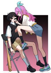 1boy 1girl antenna_hair aubrey_(faraway)_(omori) aubrey_(omori) baseball_bat black_eyes black_hair black_shoes black_sweater_vest blue_eyes blue_hairband brown_shorts chair closed_mouth collared_shirt commentary corrupted_twitter_file english_commentary gag hairband highres improvised_gag long_hair long_sidelocks looking_at_another nail_(hardware) nail_bat navel omori pink_hair shirt shoes short_hair shorts sidelocks sitting smile sneakers socks sunny_(omori) sweatdrop sweater_vest tape tape_gag white_shirt white_socks ze_yi8473 