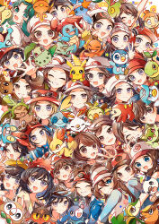  6+boys 6+girls absurdres backwards_hat bandana baseball_cap beanie black_hair blonde_hair blue_eyes blue_hair blue_jacket blue_shirt blush breasts brendan_(pokemon) brown_eyes brown_hair bulbasaur calem_(pokemon) charmander chase_(pokemon) chespin chikorita chimchar closed_eyes closed_mouth colored_sclera commentary_request cyndaquil donut_hair_bun double_bun eevee elaine_(pokemon) elio_(pokemon) ethan_(pokemon) eyewear_on_headwear fangs fennekin florian_(pokemon) froakie fuecoco gloria_(pokemon) grookey hair_bun hair_ornament hairband hairclip hat high_ponytail highres hikari_(pokemon) hilbert_(pokemon) hilda_(pokemon) jacket juliana_(pokemon) kris_(pokemon) leaf_(pokemon) litten long_hair long_sleeves looking_at_viewer lucas_(pokemon) lyra_(pokemon) may_(pokemon) mudkip multiple_boys multiple_girls nate_(pokemon) one_eye_closed open_mouth oshawott pikachu pink_hat piplup pokemon pokemon_(creature) pokemon_bw pokemon_bw2 pokemon_dppt pokemon_frlg pokemon_gsc pokemon_hgss pokemon_lgpe pokemon_oras pokemon_platinum pokemon_rgby pokemon_rse pokemon_sm pokemon_sv pokemon_swsh pokemon_usum pokemon_xy ponytail popplio quaxly raglan_sleeves red_(pokemon) red_bandana red_eyes red_hat rosa_(pokemon) rowlet scarf scorbunny selene_(pokemon) serena_(pokemon) shirt short_hair short_sleeves sidelocks sleeveless smile snivy sobble spiky_hair sprigatito squirtle sun_hat teeth tepig tied_shirt to_camellia torchic totodile treecko turtwig twintails v victor_(pokemon) visor_cap white-framed_eyewear white_hat white_jacket yellow_hat yellow_sclera yellow_shirt 