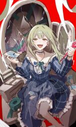  2girls absurdres bang_dream! bang_dream!_it's_mygo!!!!! blue_choker blue_eyes choker different_reflection dress dual_persona frilled_choker frills green_hair grey_pantyhose highres kanon_25ji long_hair mortis_(bang_dream!) mortis_(persona)_(bang_dream!) multiple_girls open_mouth pantyhose plaid_clothes plaid_dress reflection wakaba_mutsumi 