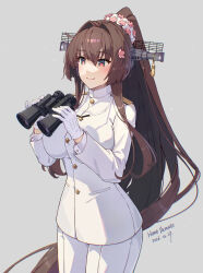  1girl alternate_costume binoculars breasts brown_hair cherry_blossoms commentary_request epaulettes flower gloves grey_background hair_between_eyes hair_flower hair_intakes hair_ornament headgear highres himeyamato holding holding_binoculars huge_breasts jacket kantai_collection long_hair military_uniform naval_dress_uniform naval_uniform pants ponytail red_eyes sidelocks simple_background smile solo very_long_hair white_gloves white_jacket white_pants yamato_(kancolle) 
