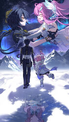  1boy 2girls adoptive_parent_and_adoptive_child aemeath_(wuthering_waves) aemeath_(young)_(wuthering_waves) aurora black_gloves black_hair black_jacket black_pants closed_eyes closed_mouth commentary cyxndmr different_reflection facing_another father_and_daughter female_rover_(perpetual_spark)_(wuthering_waves) female_rover_(wuthering_waves) fingerless_gloves gloves hair_ornament highres holding_hands jacket looking_at_another male_rover_(perpetual_spark)_(wuthering_waves) male_rover_(wuthering_waves) mother_and_daughter multiple_girls multiple_views outdoors pants pink_hair pointing pointing_up ponytail reflection rover_(wuthering_waves) smile tacet_mark_(wuthering_waves) white_gloves wuthering_waves yellow_eyes 