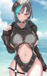  1girl absurdres aqua_streaks beach breasts commentary_request hand_up highres hololive hololive_dev_is hood hoodie mayuuta1205 multicolored_hair navel o-ring o-ring_thigh_strap open_mouth pink_eyes race_queen_two-piece rindo_chihaya solo streaked_hair thick_thighs thigh_strap thighs under_boob virtual_youtuber 