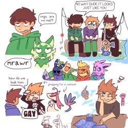  5boys :3 :d aged_down ahoge alternate_color alternate_hair_color animal_ears animification annoyed antenna_hair arm_around_shoulder ascot black_coat black_pants black_shirt blonde_hair blue_hoodie blueprint_(object) brooch brown_hair brown_shoes cat chuyakara clenched_teeth closed_eyes clothed_pokemon coat commentary crossover crying crying_with_eyes_open drawstring edd_(eddsworld) eddsworld english_commentary english_text espeon feebas fishing fishing_rod flareon flask flipped_hair frown furrification furry furry_male grass green_hoodie green_jacket green_pants grey_eyes hair_behind_ear hair_ears hair_over_eyes hand_on_own_face high_collar highres hip_flask holding holding_fishing_rod holding_flask hollow_eyes hood hood_down hoodie jacket jewelry jitome laughing leafeon long_sleeves male_focus matching_outfits matt_(eddsworld) milotic multiple_boys multiple_views official_alternate_costume open_clothes open_coat open_jacket open_mouth orange_hair pants paul_(eddsworld) person_and_furrification pokemon pokemon_(creature) prototype_design purple_hoodie purple_shirt red_hoodie ringo_(eddsworld) rotom sad shiny_pokemon shirt shoes short_hair short_sleeves simple_background sitting smile speech_bubble spiky_hair sprigatito swept_bangs sylveon tan tears teeth tom_(eddsworld) tongue tongue_out tord_(eddsworld) u_u umbreon violet_eyes water white_ascot white_background 