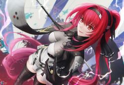  1girl banner black_hairband black_ribbon bodysuit breasts dated hair_between_eyes hair_ribbon hairband highres long_hair mechanical_legs medium_breasts mole mole_under_eye parted_lips pixiv_id ponytail punishing:_gray_raven red_eyes redhead ribbon riq_semak sidelocks signature vera_(punishing:_gray_raven) very_long_hair 