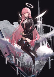  1girl absurdres arknights black_background black_boots black_dress blue_flower boots chinese_commentary closed_mouth commentary_request cup detached_wings dress drink flower full_body halo highres holding holding_drink holding_saucer lace-up_boots lemuen_(arknights) long_hair long_sleeves looking_at_viewer pink_eyes pink_flower pink_hair sandol saucer short_dress solo teacup thigh_boots traditional_halo white_flower white_halo wings zipper 