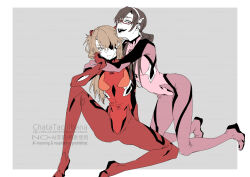  2girls arms_around_neck artist_name bluesky_username bodysuit border breasts brown_hair closed_mouth commentary_request eyepatch frown full_body glasses grey_background hair_between_eyes hairband half_updo head_on_hand headgear highres interface_headset_(evangelion) kneeling leaning_forward low_twintails makinami_mari_illustrious mecha_pilot_suit medium_breasts multiple_girls neon_genesis_evangelion open_mouth parted_bangs pink_bodysuit rebuild_of_evangelion red_bodysuit sitting smile souryuu_asuka_langley tachibana_chata twintails twitter_username white_border white_hairband 