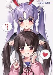  2girls ? absurdres adjusting_hair alternate_hairstyle animal_ears artist_name black_hair blush chinese_commentary commentary_request highres houraisan_kaguya looking_at_viewer multiple_girls pink_sweater rabbit_ears rabbit_girl red_eyes reisen_udongein_inaba sailor_collar sweater teeth touhou twintails utsuro114514 v violet_eyes 