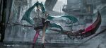  1girl aqua_hair building commission hatsune_miku highres holding holding_skull holding_weapon jacket long_hair long_sleeves looking_at_viewer open_mouth ph. red_eyes shoes single_thighhigh skirt skull solo thigh-highs twintails very_long_hair vocaloid weapon 
