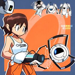  1boy 1girl 2025 2d aperture_science_handheld_portal_device artist_name atlas_(portal) beard black_hair black_sclera blue_border blue_eyes border breasts brown_hair chell closed_mouth cowboy_shot digital_media doug_rattman facial_hair female glados half-closed_eyes hands_on_own_head heart herbiecube highres holding jumpsuit jumpsuit_around_waist male non-humanoid_robot one-eyed orange_background orange_eyes orange_jumpsuit orange_pants p-body pants personality_core ponytail portal_(series) portal_2 robot shirt sideways_glance simple_background sleeveless sleeveless_shirt upper_body weighted_companion_cube wheatley white_shirt 