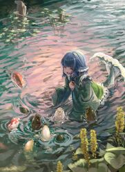  1girl bamboo23091 blue_hair carp closed_eyes commentary_request feeding fins food food_request frilled_kimono frills green_kimono head_fins highres holding holding_food japanese_clothes kimono long_sleeves medium_hair mermaid monster_girl open_mouth outdoors plant plant_request smile solo touhou wakasagihime water wide_sleeves 
