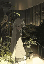  1girl absurdres black_skirt blonde_hair brown_eyes brown_jacket building city city_lights clouds expressionless grey_eyes grey_sky highres jacket long_hair looking_at_viewer looking_to_the_side megastructure original plant pleated_skirt potted_plant railing skirt sky solo spoon_tneod very_long_hair yellow_sky 