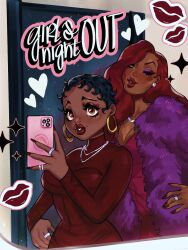  2girls alternate_costume alternate_skin_color asieybarbie betty_boop betty_boop_(series) black_hair breasts brown_eyes cellphone coat crossover dark-skinned_female dark_skin dress earrings english_text eyeshadow fur_coat green_eyes hand_on_own_hip heart highres holding holding_phone hoop_earrings jessica_rabbit jewelry long_hair looking_at_viewer makeup medium_breasts multiple_girls one_eye_closed open_clothes open_coat phone purple_coat purple_eyeshadow red_dress red_hair ring selfie short_hair smartphone very_dark_skin who_framed_roger_rabbit 