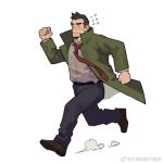  1boy ace_attorney bandaid bandaid_on_face behind_ear black_hair blank_eyes brown_hair coat deformed dick_gumshoe facial_hair flying_sweatdrops formal full_body gh_himainu green_coat late loose_necktie male_focus necktie pants pencil_behind_ear running short_hair solo stubble thick_eyebrows 