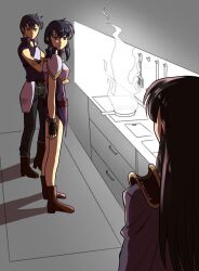  1girl :| armor arms_at_sides bare_legs belt black_hair boots breastplate brother_and_sister closed_mouth commentary_request cooking counter cousins crossed_arms expressionless fingerless_gloves fire fire_emblem fire_emblem:_genealogy_of_the_holy_war frying_pan gloves hair_between_eyes highres kitchen larcei_(fire_emblem) long_hair looking_at_another okame_inco_feh popped_collar purple_tunic scathach_(fire_emblem) shannan_(fire_emblem) short_hair shoulder_armor siblings sidelocks simple_background sleeveless standing stove tunic twins 