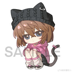  1girl beanie bisho_imobing_hito black_hat black_skirt blue_eyes brown_hair candy cat_tail closed_mouth commentary_request food haibara_ai hair_between_eyes hat highres hood hood_down hoodie kemonomimi_mode leg_warmers long_sleeves looking_at_viewer meitantei_conan pink_hoodie pleated_skirt safety_pin sample_watermark shoes short_hair simple_background skirt solo squatting tail watermark white_background white_leg_warmers 