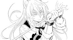  1girl :| absurdres animal_ears closed_mouth collared_dress dopperu_ben dress elbow_gloves floating_hair fur-trimmed_gloves fur_trim gloves greyscale hair_between_eyes hands_up high_collar highres holding holding_sword holding_weapon layered_dress long_hair long_sleeves looking_at_viewer metal_arm_cuffs metal_wrist_cuffs monochrome neck_ribbon open_collar pinstripe_dress pinstripe_pattern raccoon_ears raccoon_girl raphtalia ribbon simple_background sleeveless sleeveless_dress solo sword tate_no_yuusha_no_nariagari upper_body v-shaped_eyebrows weapon 