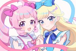  2girls :d ahoge aozora_himari blonde_hair blue_bow blue_eyes blue_ribbon blunt_bangs bow brooch commentary_request hair_bow heart himitsu_no_aipri holding_hands hoshikawa_mitsuki idol_clothes interlocked_fingers jewelry long_hair looking_at_viewer multiple_girls neck_ribbon nyangmomil open_mouth pink_bow pink_hair pretty_series ribbon smile twintails upper_body violet_eyes white_background 
