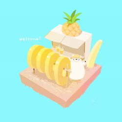  animal aqua_background banana bear chai_(drawingchisanne) commentary_request cup drinking_straw english_text food food_stand fruit hat juice no_humans original pineapple pineapple_slice shirokuma-san_(drawingchisanne) simple_background straw_hat undersized_animal 