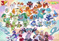  2boys 4girls aqua_eyes aqua_hair aqua_necktie aqua_trim armpit_crease arms_up black_sailor_collar black_shirt black_skirt blonde_hair blue_hair blue_scarf breasts brown_eyes brown_hair bulbasaur charmander chespin chikorita chimchar collared_shirt commentary_request crop_top cyndaquil detached_sleeves fennekin froakie fuecoco grey_shirt grookey hair_between_eyes hair_ornament hatsune_miku headset kagamine_len kagamine_rin kaito_(vocaloid) litten long_hair long_sleeves medium_breasts megurine_luka meiko_(vocaloid) mudkip multiple_boys multiple_girls navel necktie official_art open_mouth oshawott pink_hair piplup pleated_skirt pokemon pokemon_(creature) pokemon_day popplio project_voltage quaxly red_skirt rowlet sailor_collar scarf scorbunny shirt short_hair skirt sleeveless sleeveless_shirt smile snivy sobble sprigatito squirtle starter_pokemon_trio stomach tepig torchic totodile treecko turtwig vocaloid white_shirt wide_sleeves yooki_(winter_cakes) 