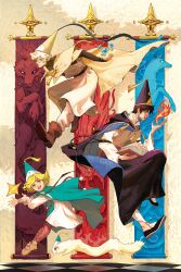  1girl 2boys absurdres animal banner black_hair blonde_hair blue_eyes book brown_eyes brown_shoes brushbuddy casting_spell cloak coco_(tongari_boushi_no_atelier) commentary creature dragon english_commentary fingernails glasses hat hat_tassel highres holding holding_book leggings magic multiple_boys olruggio_(tongari_boushi_no_atelier) open_mouth qifrey's_atelier_apprentice_uniform qifrey_(tongari_boushi_no_atelier) reindeer shoes short_hair tassel teeth tongari_boushi_no_atelier white_hair wolf yukinnn 