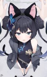  1girl 1other animal_ear_hairband animal_ears bare_shoulders black_dress black_gloves black_hair blue_archive blurry braid braided_bun bun_with_braided_base butterfly_hair_ornament cat_ear_hairband cat_ears cat_tail china_dress chinese_clothes commentary_request covered_navel depth_of_field double_bun dragon_print dress fake_animal_ears fake_tail foreshortening from_above gloves grey_eyes grey_halo hair_bun hair_ornament hairband halo highres jacket kisaki_(blue_archive) long_hair looking_at_viewer looking_up nejime pelvic_curtain pinstripe_jacket pinstripe_pattern pov pov_hands print_dress side_slit signature sleeveless sleeveless_dress small_sweatdrop striped_clothes striped_jacket tail twintails vertical-striped_clothes vertical-striped_jacket 