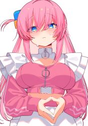  1girl amagamihau apron blue_eyes bocchi_the_rock! closed_mouth commentary_request cube_hair_ornament frilled_apron frills frown gotoh_hitori hair_ornament jacket large_variant_set long_hair looking_at_viewer one_side_up own_hands_together pdf_available pink_hair pink_jacket simple_background solo sweat track_jacket upper_body variant_set white_apron white_background 